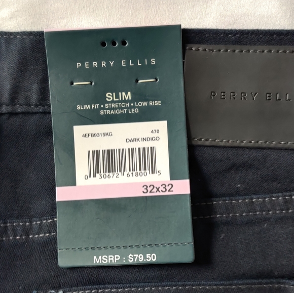 Solid Dark Indigo Men's Perry Ellis Slim Fit Stretch Jeans - Picture 1 of 4